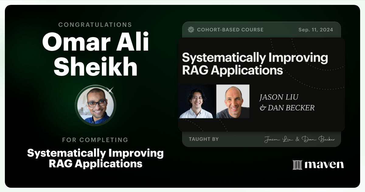 Certificate of Completion for Systematically Improving RAG Applications