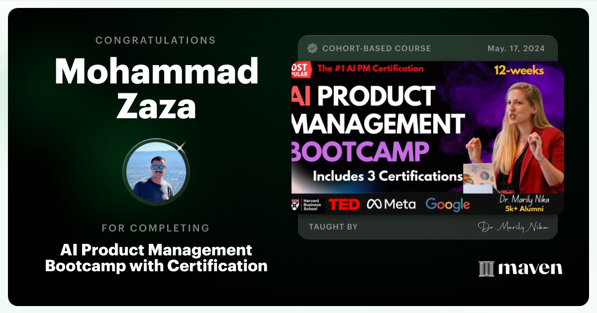 Certificate of Completion for AI Product Management Bootcamp & Certification by AI Product Academy