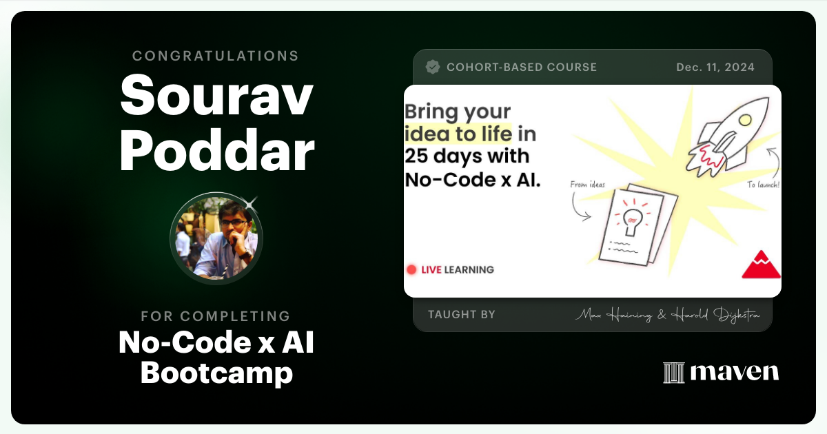 Certificate of Completion for No-Code x AI Bootcamp