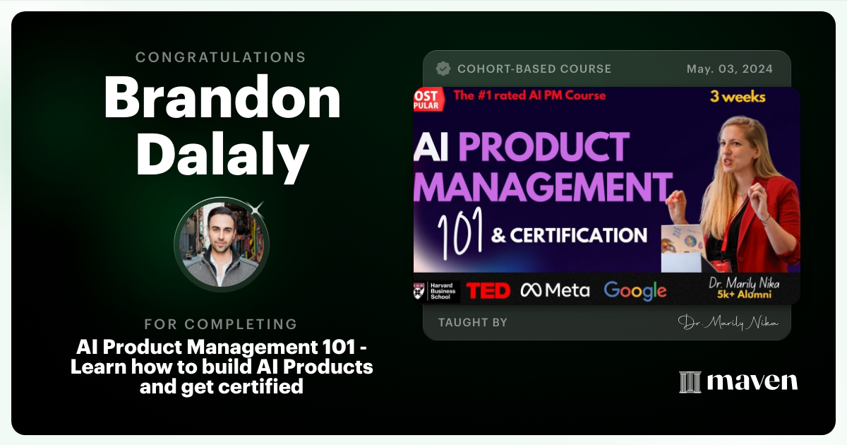 Certificate of Completion for AI Product Management 101 & Certification - Building AI Products end-to-end