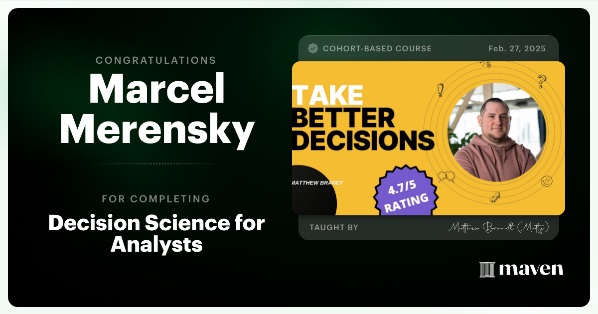 Certificate of Completion for Decision Science for Analysts