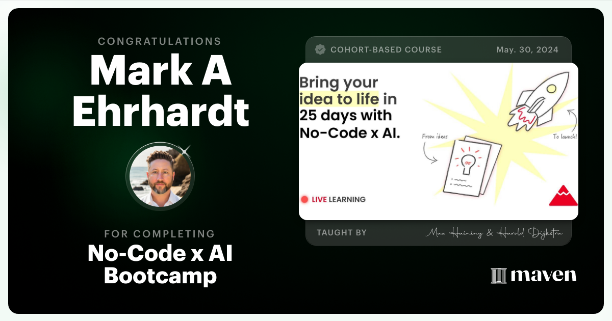 Certificate of Completion for No-Code x AI Bootcamp