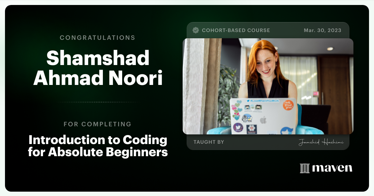 Certificate of Completion for Introduction to Coding for Absolute Beginners