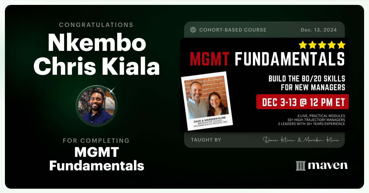 Certificate of Completion for MGMT Fundamentals - Foundational Skills for New Managers