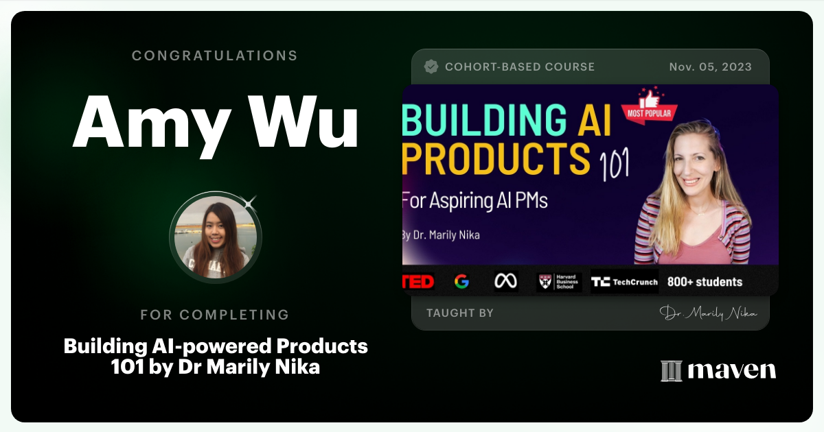 Certificate of Completion for AI Product Management 101 & Certification - Building AI Products end-to-end