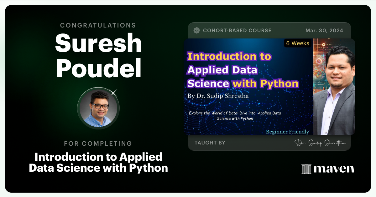 Certificate of Completion for Introduction to Applied Data Science with Python 
