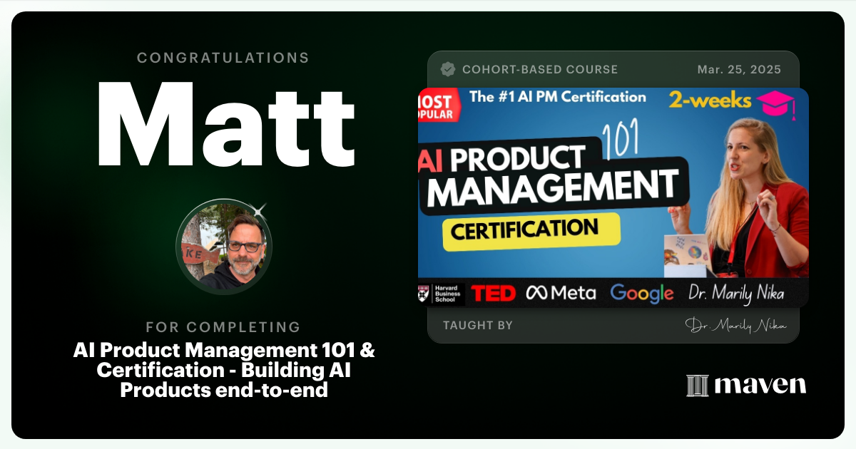 Certificate of Completion for AI Product Management 101 & Certification - Building AI Products end-to-end