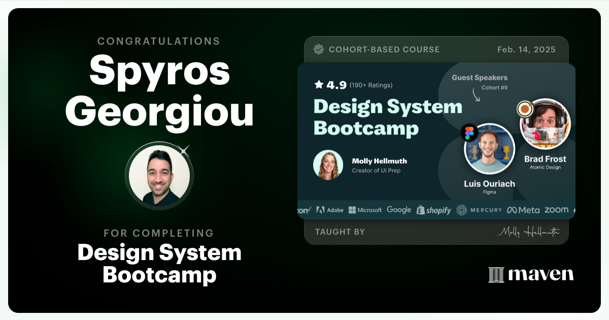 Certificate of Completion for Design System Bootcamp