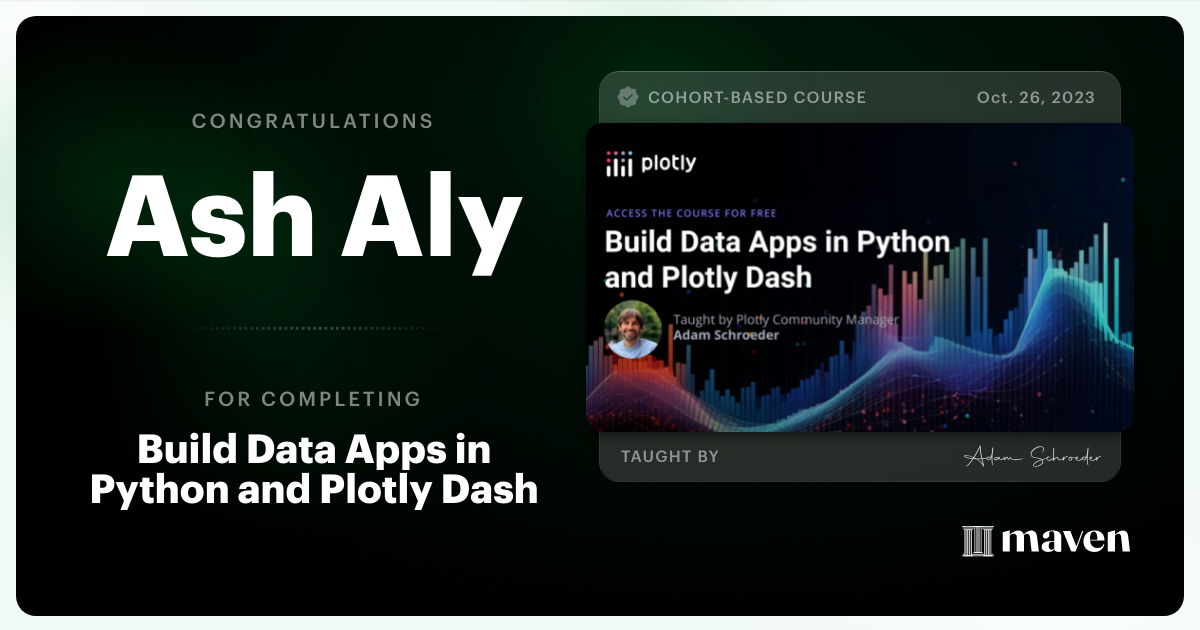 Certificate of Completion for Build Data Apps in Python and Plotly Dash