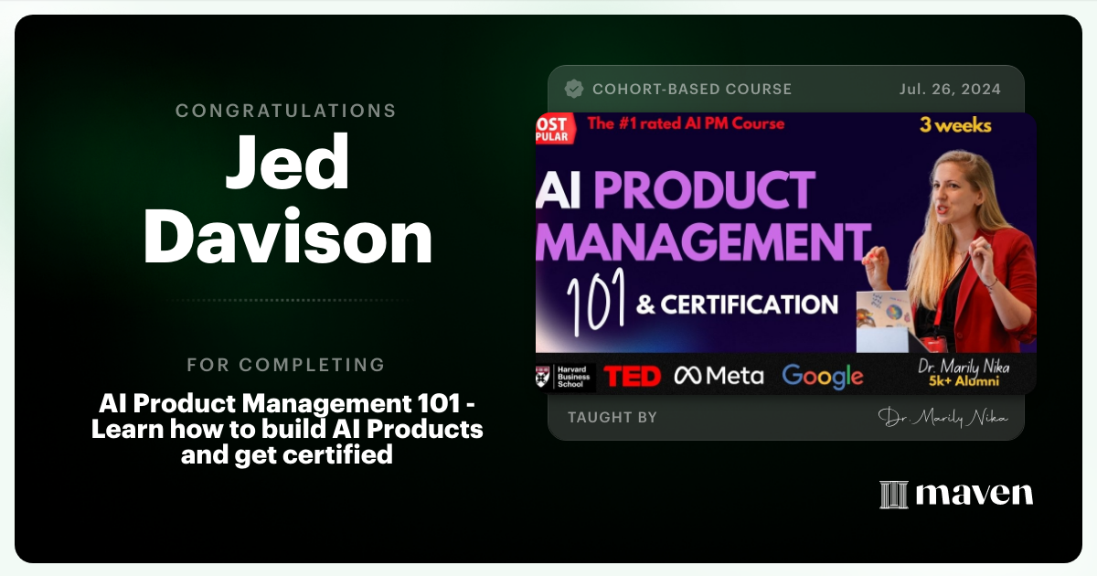 Certificate of Completion for AI Product Management 101 & Certification - Building AI Products end-to-end