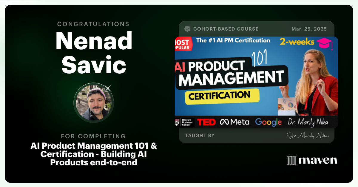 Certificate of Completion for AI Product Management 101 & Certification - Building AI Products end-to-end