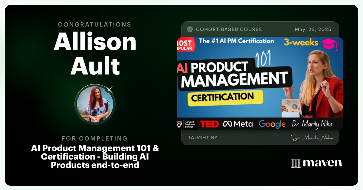 Certificate of Completion for AI Product Management 101 & Certification - Building AI Products end-to-end