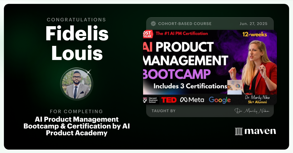 Certificate of Completion for AI Product Management Bootcamp & Certification by AI Product Academy