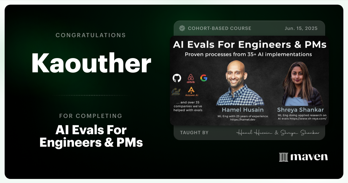 Certificate of Completion for AI Evals For Engineers & PMs