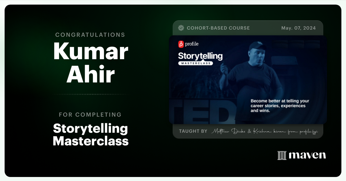 Certificate of Completion for Storytelling Masterclass