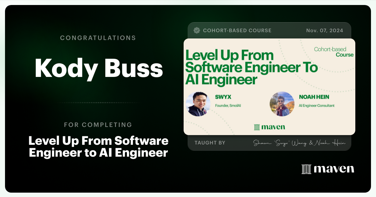 Certificate of Completion for Level Up From Software Engineer to AI Engineer