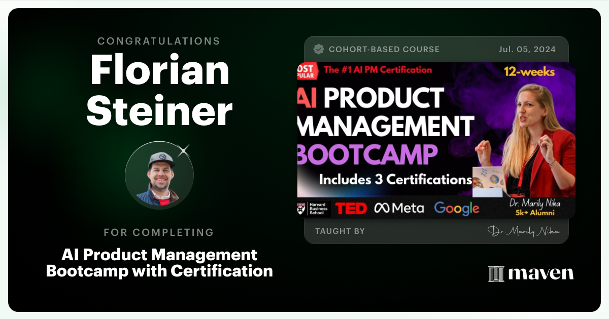 Certificate of Completion for AI Product Management Bootcamp & Certification by AI Product Academy