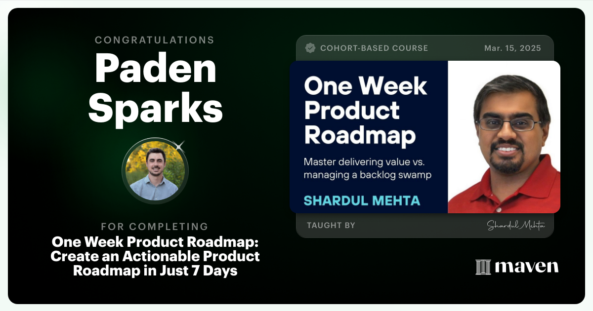 Certificate of Completion for One Week Product Roadmap