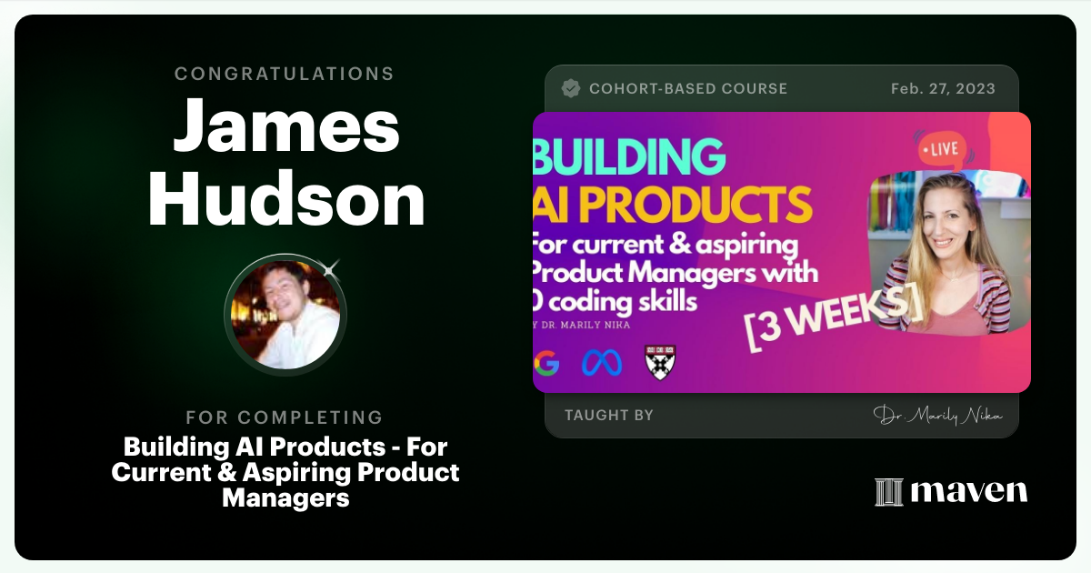 Certificate of Completion for AI Product Management 101 & Certification - Building AI Products end-to-end