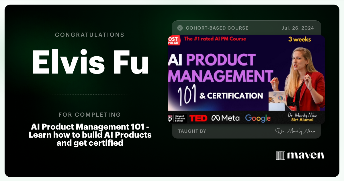 Certificate of Completion for AI Product Management 101 & Certification - Building AI Products end-to-end