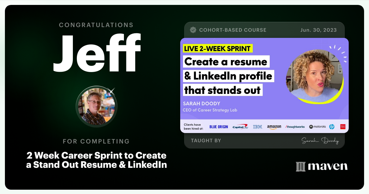 Certificate of Completion for Create A Stand Out Resume For Your Next UX, Product, or Tech Role