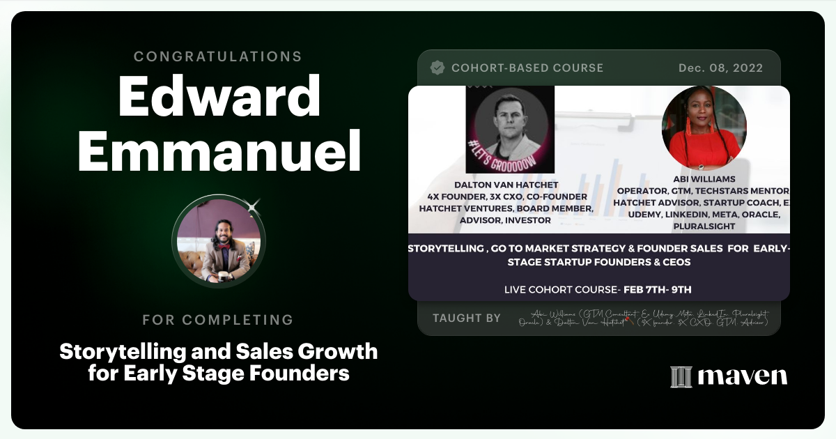 Certificate of Completion for Storytelling and Sales Growth for Early Stage Founders