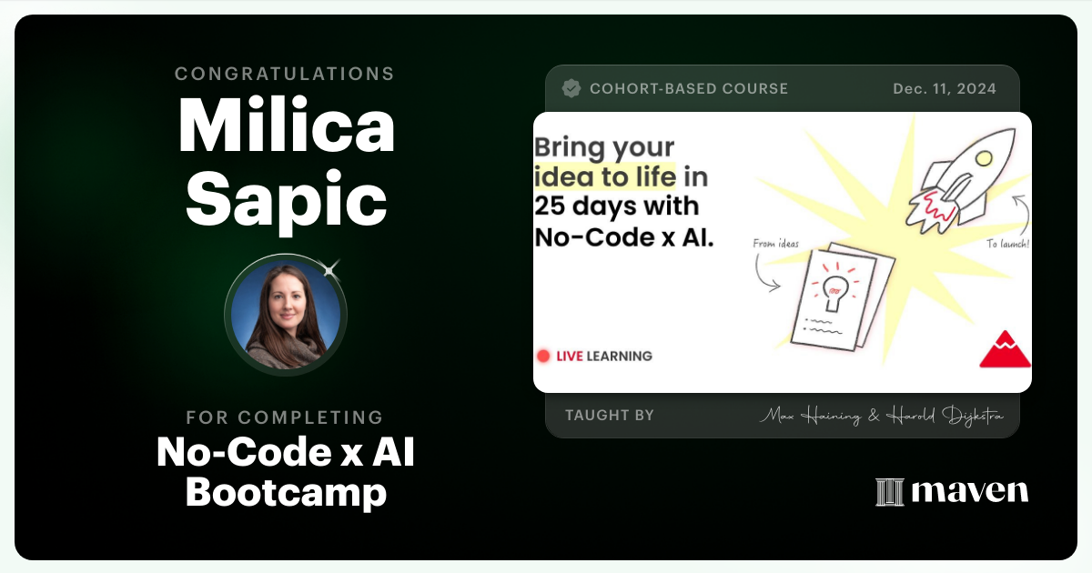 Certificate of Completion for No-Code x AI Bootcamp