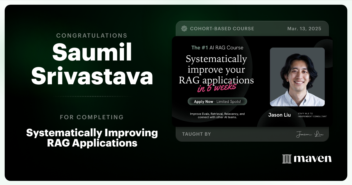 Certificate of Completion for Systematically Improving RAG Applications