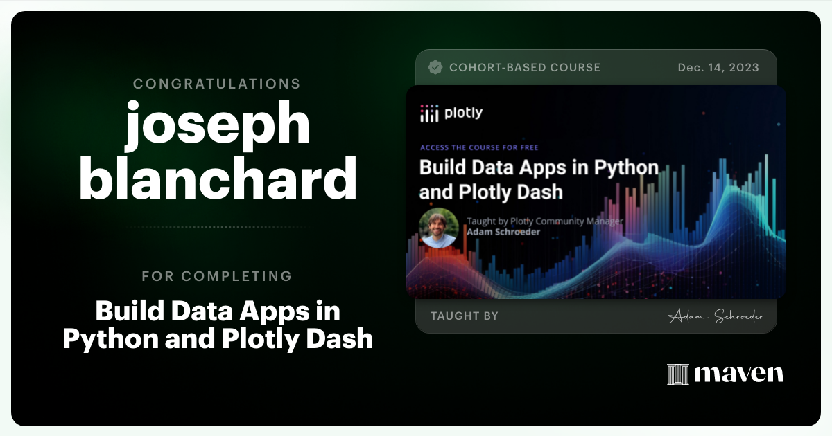 Certificate of Completion for Build Data Apps in Python and Plotly Dash