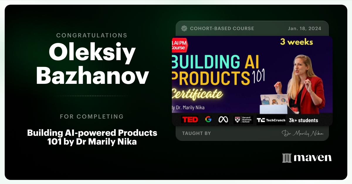 Certificate of Completion for AI Product Management 101 & Certification - Building AI Products end-to-end