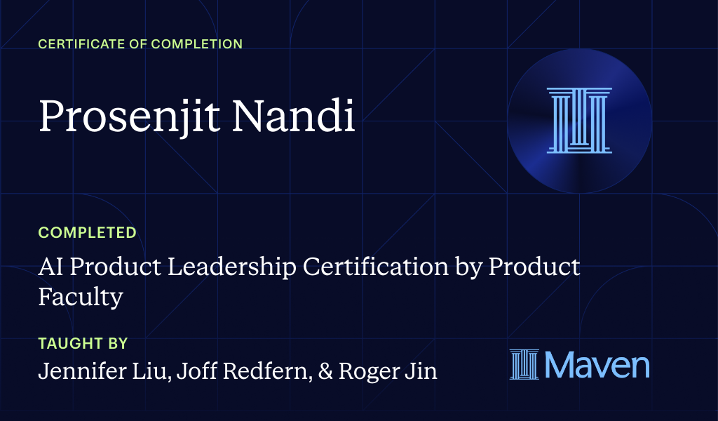 Certificate for AI Product Leadership Certification by Product Faculty