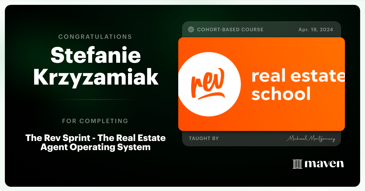 Certificate of Completion for The Rev Sprint - The Real Estate Agent Operating System