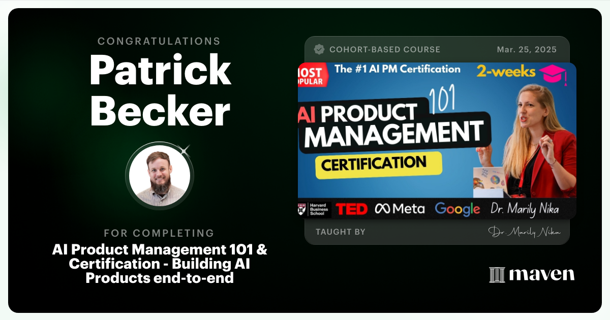 Certificate of Completion for AI Product Management 101 & Certification - Building AI Products end-to-end