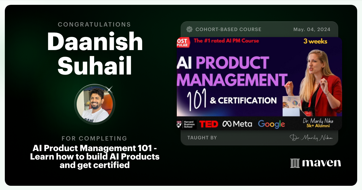 Certificate of Completion for AI Product Management 101 & Certification - Building AI Products end-to-end