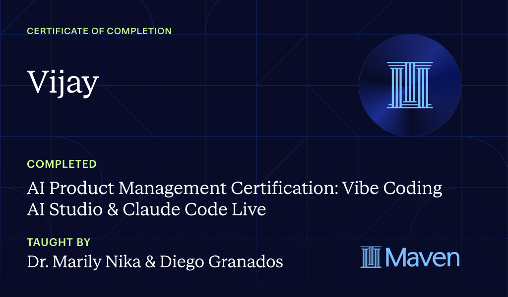 Certificate for AI Product Management Certification: Vibe Coding AI Studio & Claude Code Live