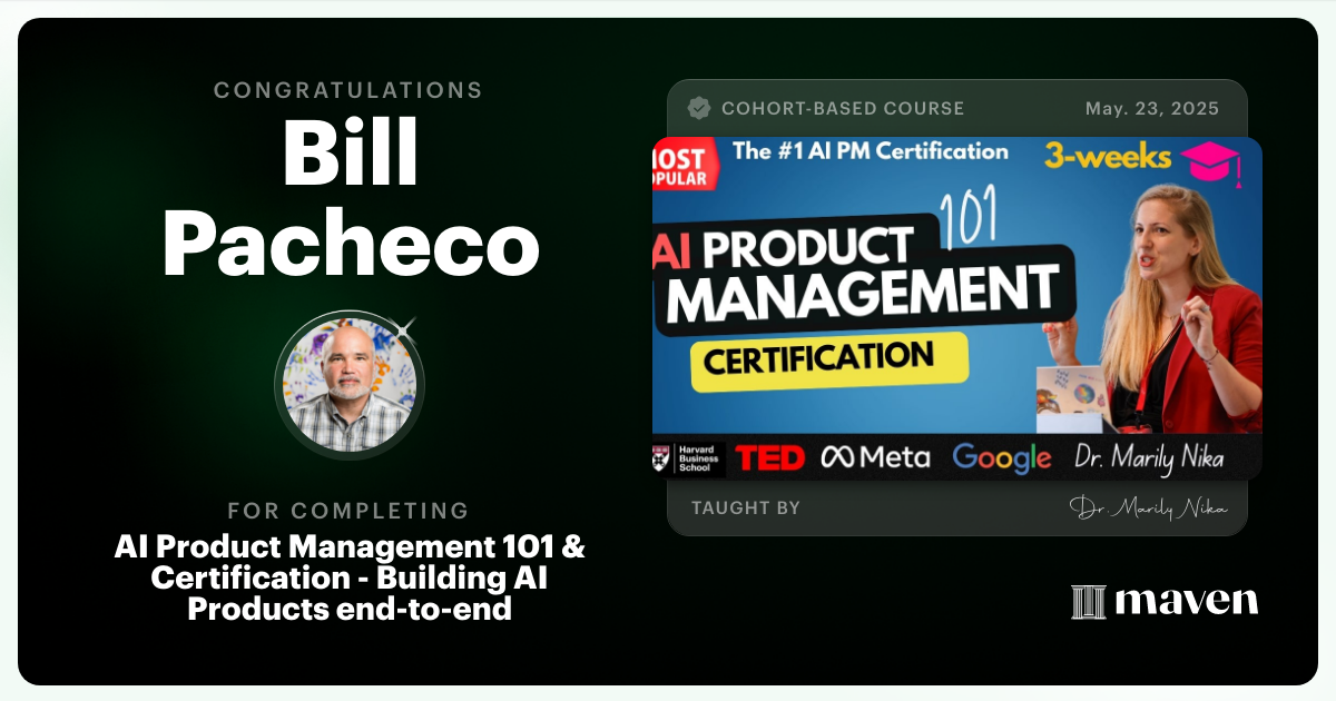 Certificate of Completion for AI Product Management 101 & Certification - Building AI Products end-to-end