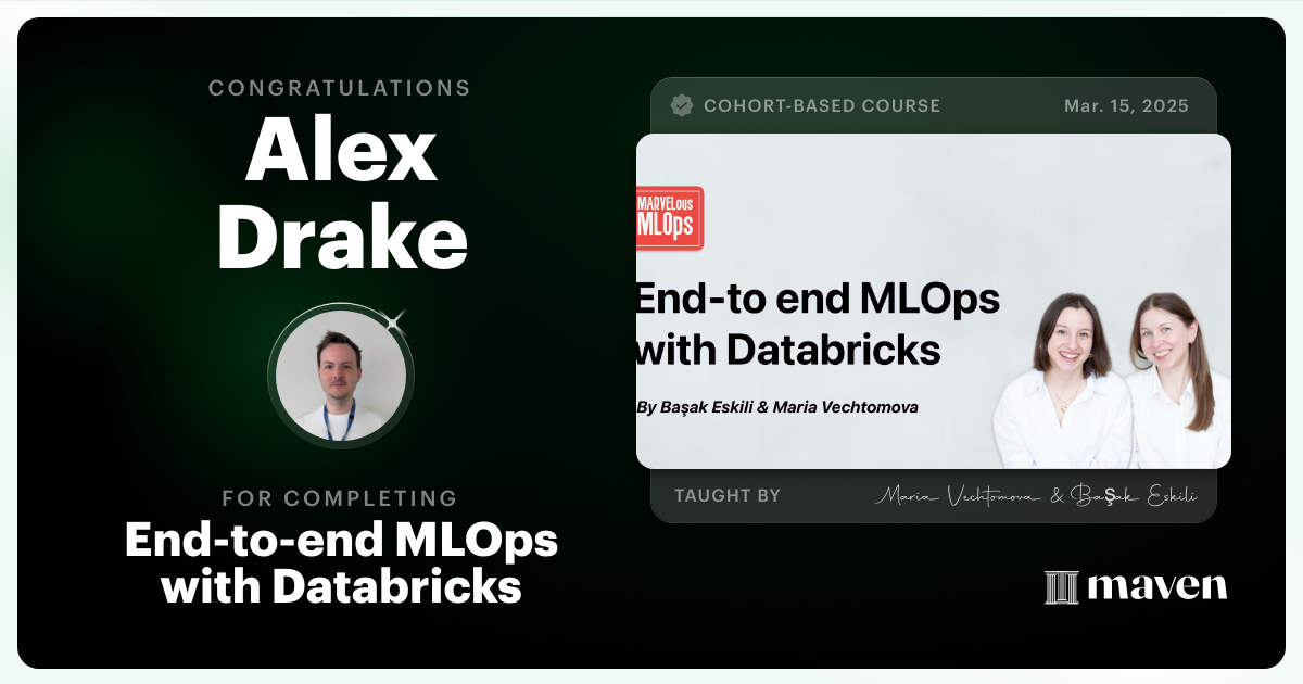 Certificate of Completion for End-to-end MLOps with Databricks