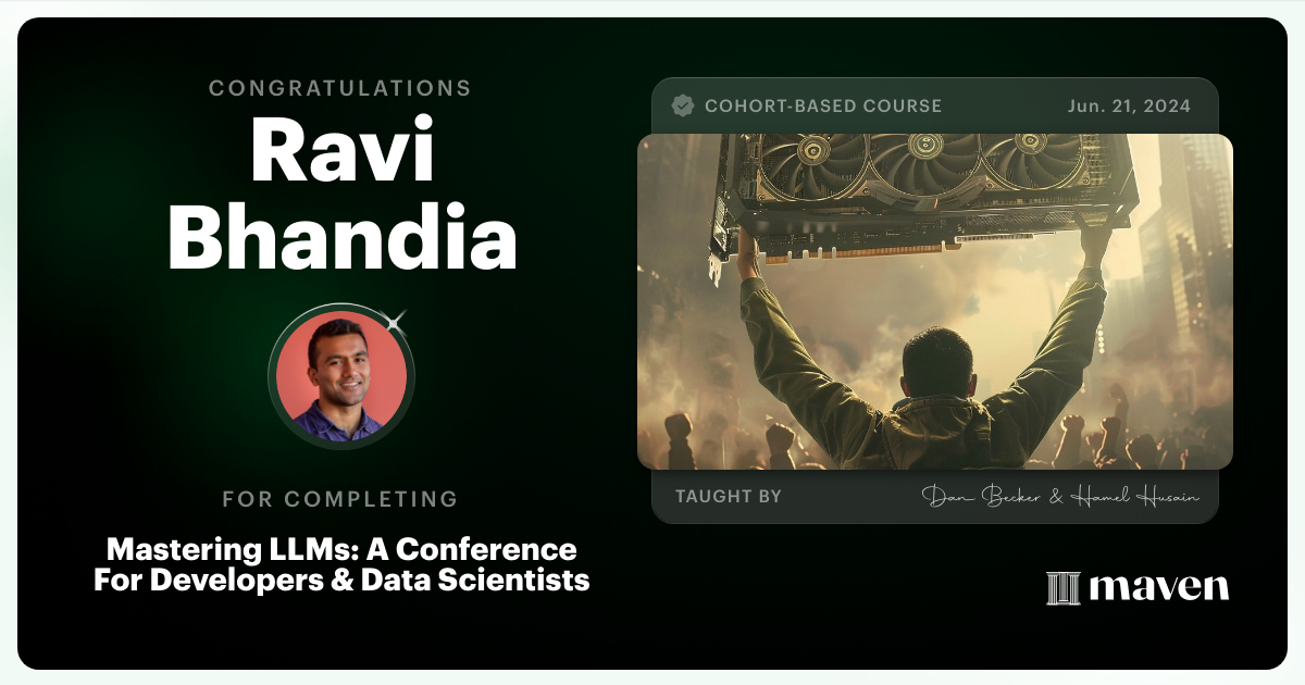 Certificate of Completion for Mastering LLMs For Developers & Data Scientists