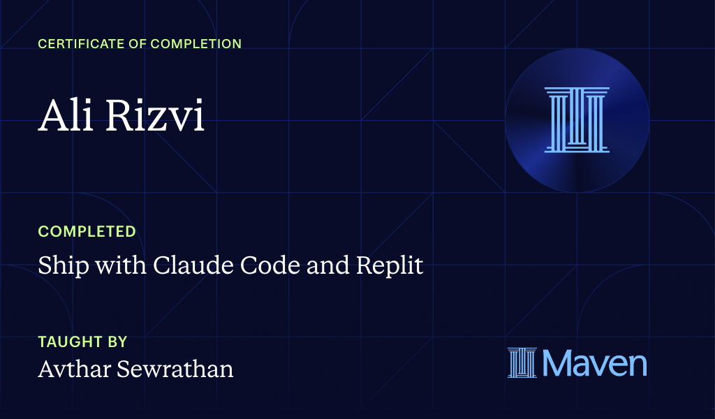 Certificate for Ship with Claude Code and Replit: 8 Day AI Coding Accelerator