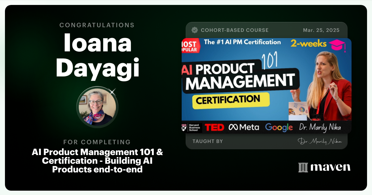 Certificate of Completion for AI Product Management 101 & Certification - Building AI Products end-to-end
