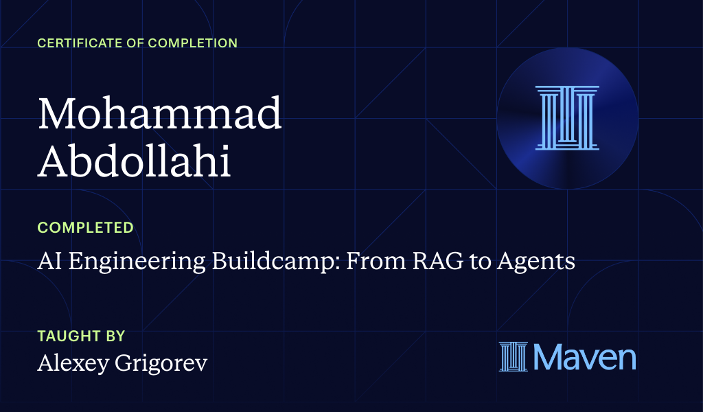 Certificate for AI Engineering Buildcamp: From RAG to Agents