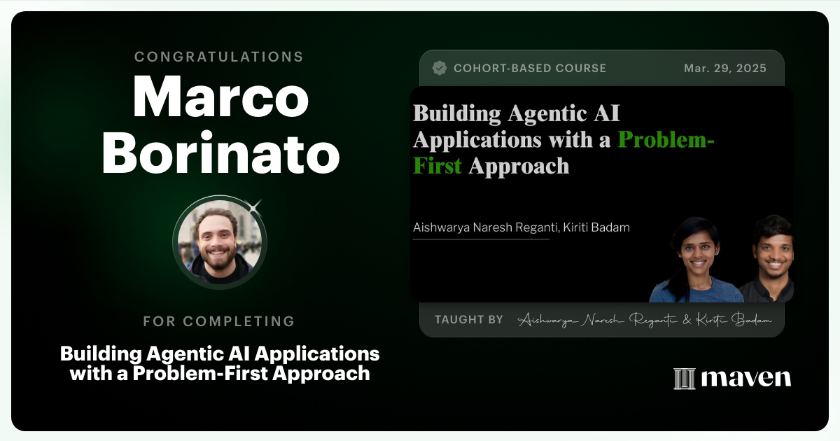 Certificate of Completion for Building Agentic AI Applications with a Problem-First Approach