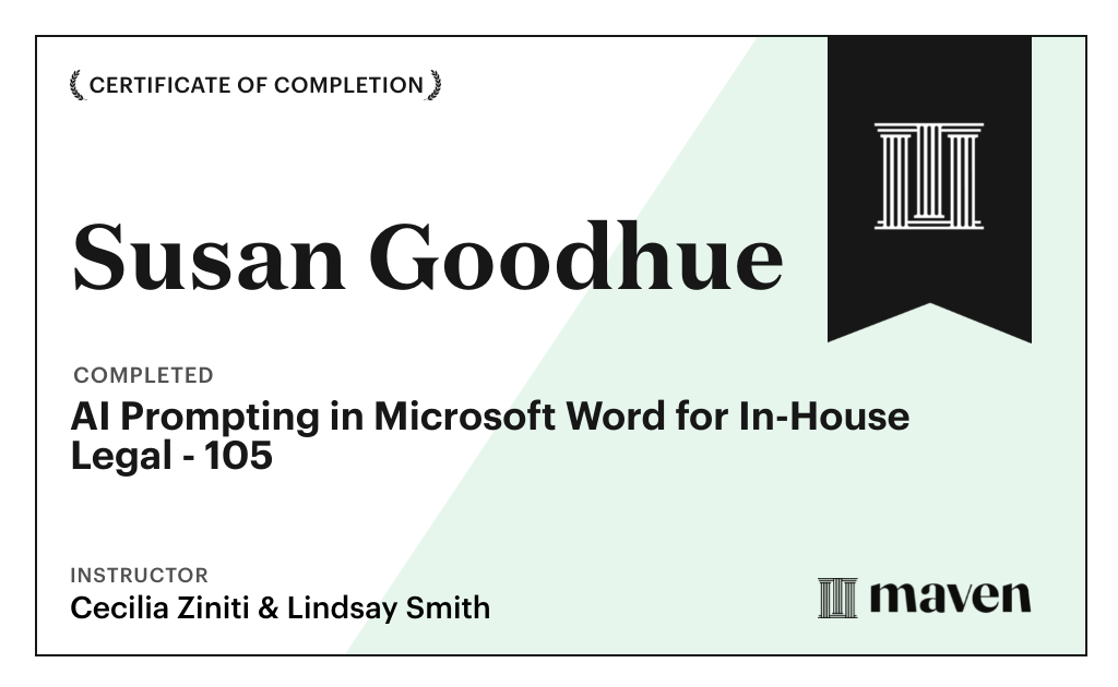 Certificate for AI Prompting in Microsoft Word for In-House Legal - 105