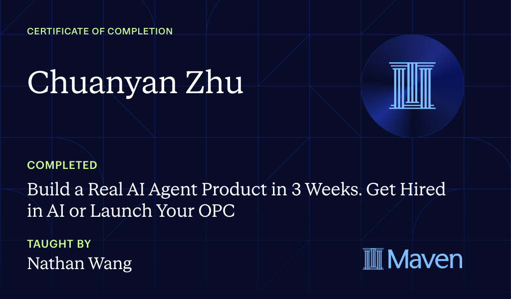Certificate for Ship a Real AI Agent Product in 4 Weeks, No Engineers Needed