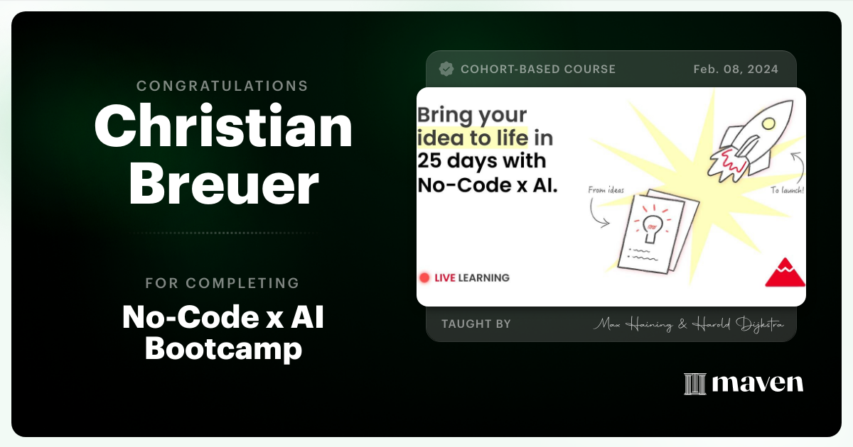 Certificate of Completion for No-Code x AI Bootcamp