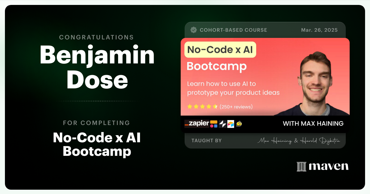 Certificate of Completion for No-Code x AI Bootcamp