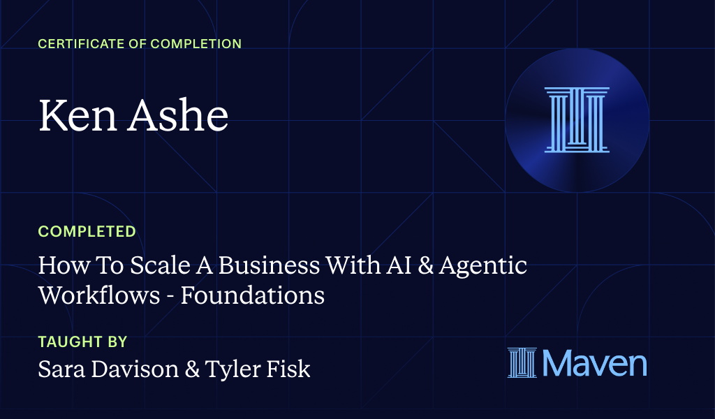 Certificate for How to Scale A Business With Agentic Workflows by AI Build Lab