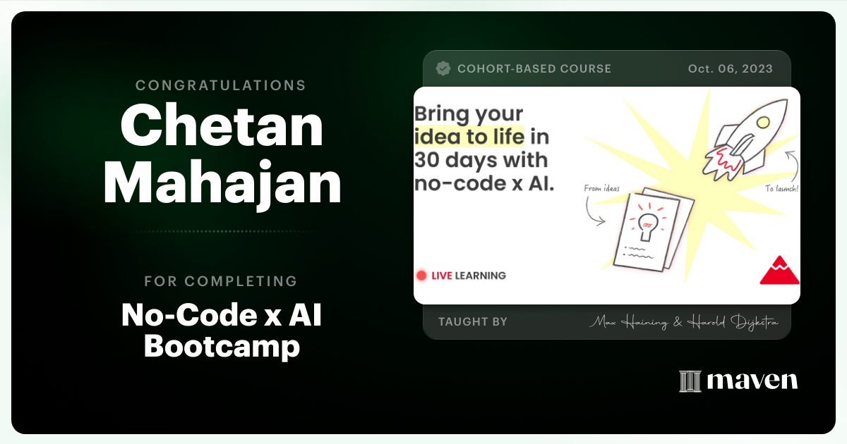 Certificate of Completion for No-Code x AI Bootcamp