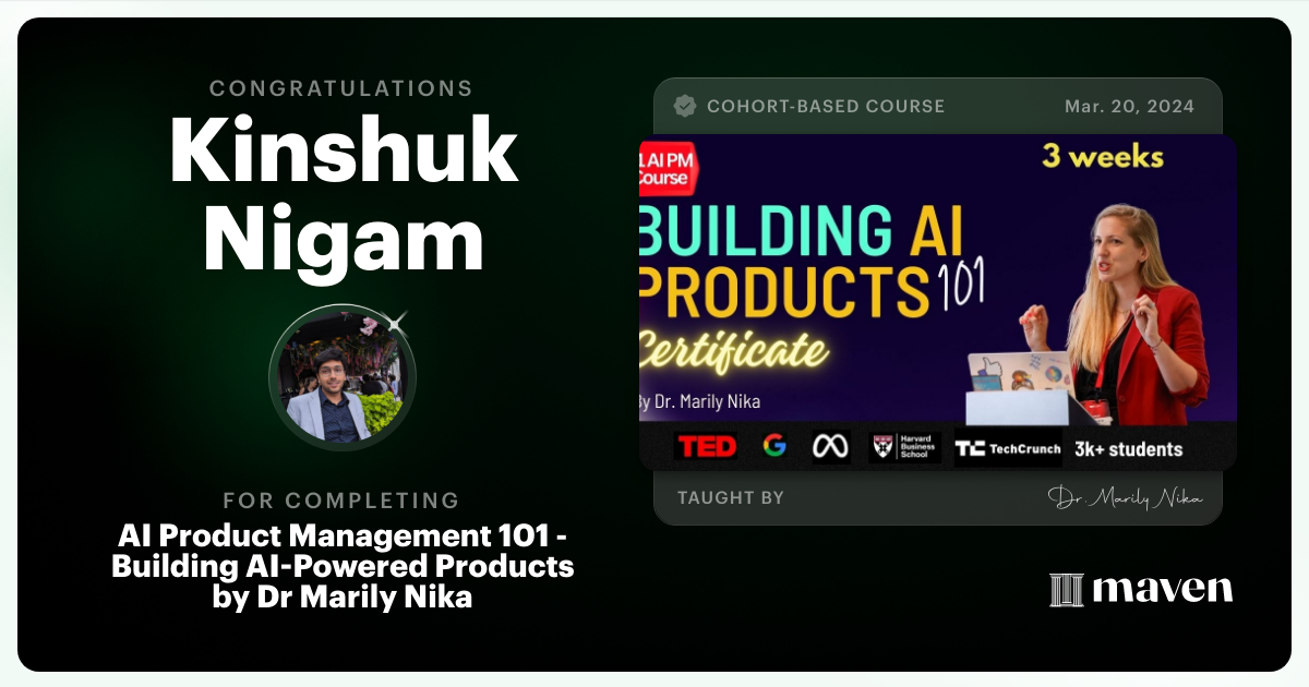 Certificate of Completion for AI Product Management 101 & Certification - Building AI Products end-to-end
