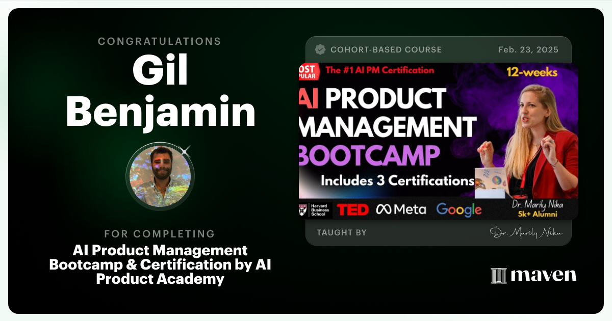 Certificate of Completion for AI Product Management Bootcamp & Certification by AI Product Academy